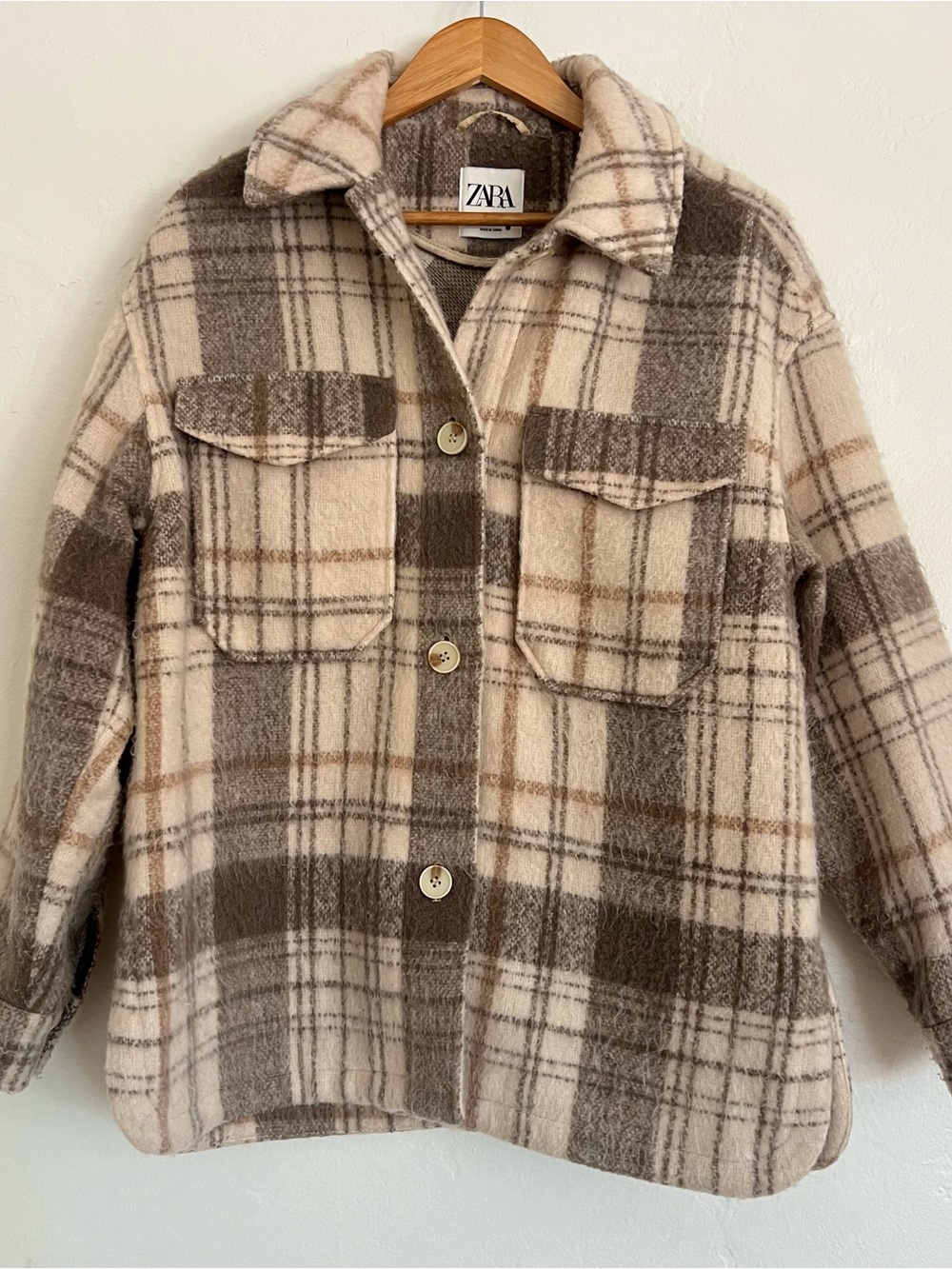 ZARA Kids Cream & Brown Plaid Button-Up Shacket